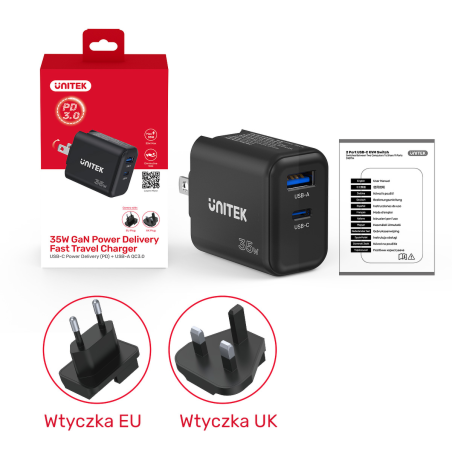 Unitek czarna ładowarka sieciowa GaN PD 35W USB-C + USB-A, EU, UK