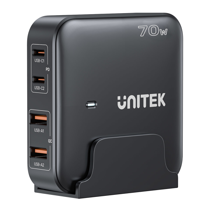 Unitek czarna ładowarka biurkowa GaN 70W 2xUSB-A 2xUSB-C