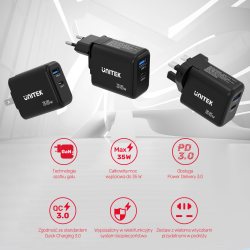 Unitek czarna ładowarka sieciowa GaN PD 35W USB-C + USB-A, EU, UK