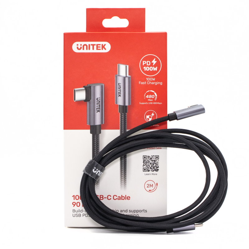 Unitek czarny przewód kabel USB-C kątowy 90 stopni PD 100W 2m