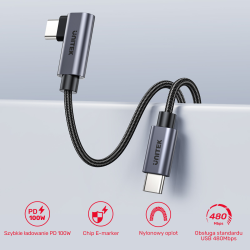Unitek czarny przewód kabel USB-C kątowy 90 stopni PD 100W 2m
