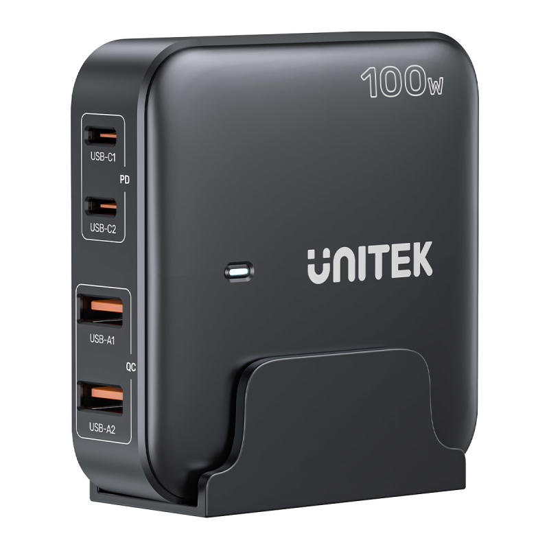 Unitek czarna ładowarka biurkowa GaN 100W 2xUSB-A 2xUSB-C