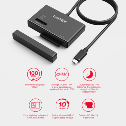 Unitek Mostek USB-C na dyski SSD HDD 2,5" i 3,5" - SATA i M.2 MVMe + zasil