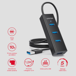 Unitek czarny aktywny hub USB-A 3.1 5Gbps na 4 porty USB-A, kabel 120cm