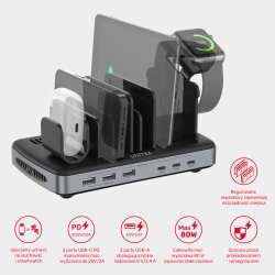 Unitek czarna stacja ładująca 3 x USB-A 20W, 3 x USB-C PD 60W, 80W