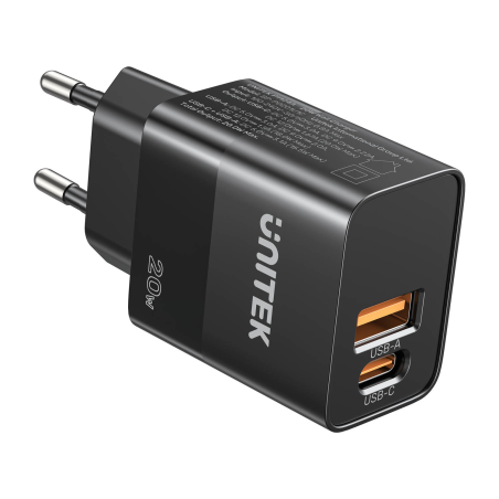 Unitek ładowarka sieciowa, 1x USB-A, 1x USB-C, QC, PC 3.0, 20W, czarna