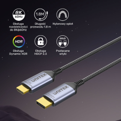 Unitek Kabel DisplayPort 1.4 do HDMI 2.1 8K 60Hz 4K 120Hz 1,8m HDCP 2.3 HDR