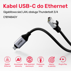 Unitek Kabel Ethernet USB C RJ-45 LAN, przewód sieciowy, 1m