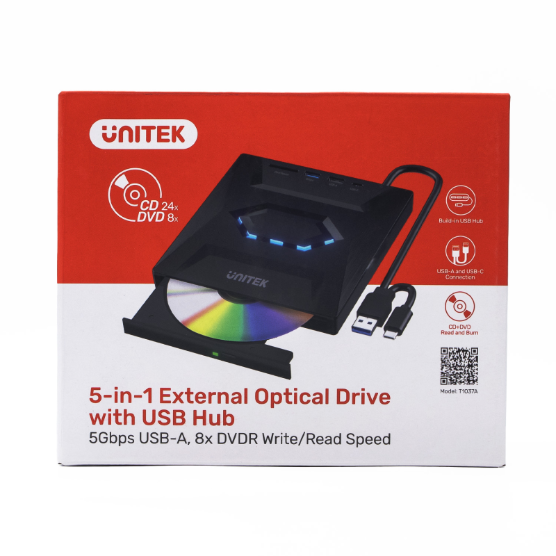 Unitek Nagrywarka zewnętrzna DVD/CD, Hub USB 5Gbps, czytnik kart SD