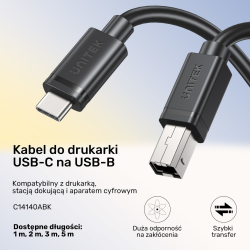 Unitek kabel do drukarki USB C na USB B 2.0 czarny 2m