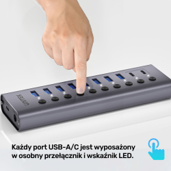 Unitek Hub USB C/USB A 10w1 5Gbps, 8x USB A, 2x USB C z włącznikami portów