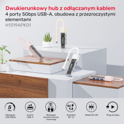 Unitek hub dwukierunkowy USB C/USB A 5Gbps, 4x USB A różowy