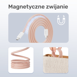 Unitek Kabel w oplocie zwijany magnetycznie USB C PD 100W różowy 1m