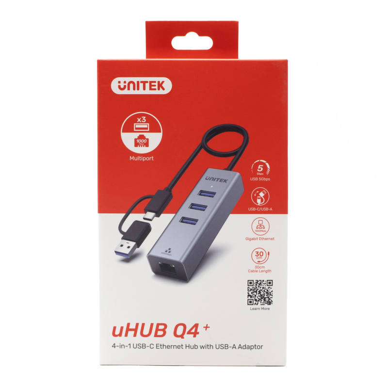 Unitek Hub USB C 4w1 Ethernet 3 x USB A 5 Gbps z adapterem USB A