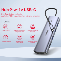 Unitek Hub 9w1 USB C Gigabit Ethernet HDMI VGA 3xUSB A czytnik kart PD 100W
