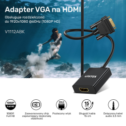 Unitek Adapter VGA na HDMI FullHD 1080p 60 Hz, czarny 15cm plug&play