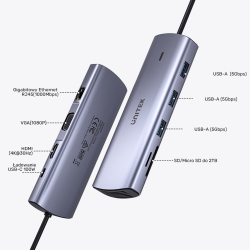 Unitek Hub 9w1 USB C Gigabit Ethernet HDMI VGA 3xUSB A czytnik kart PD 100W