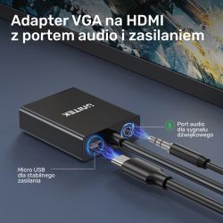 Unitek Adapter VGA na HDMI FullHD 1080p 60 Hz, czarny 15cm plug&play