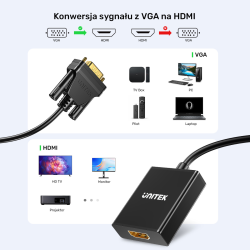 Unitek Adapter VGA na HDMI FullHD 1080p 60 Hz, czarny 15cm plug&play