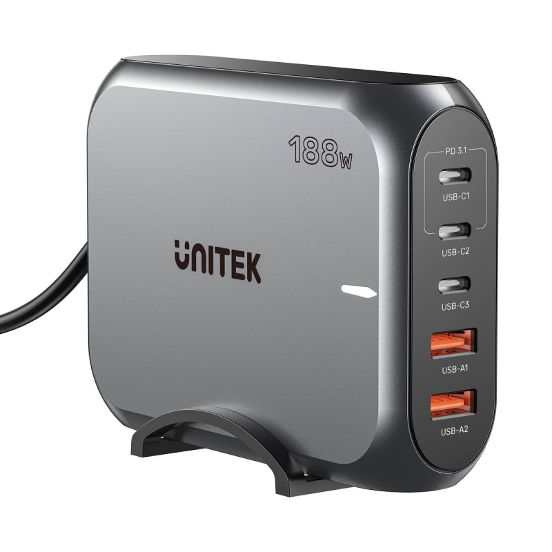 Unitek Szybka ładowarka sieciowa 2xUSB-A 3xUSB-C GAN 188W
