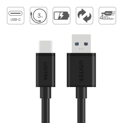 Unitek czarny kabel, przewód USB-A 2.0 do USB-C 3m C14069BK