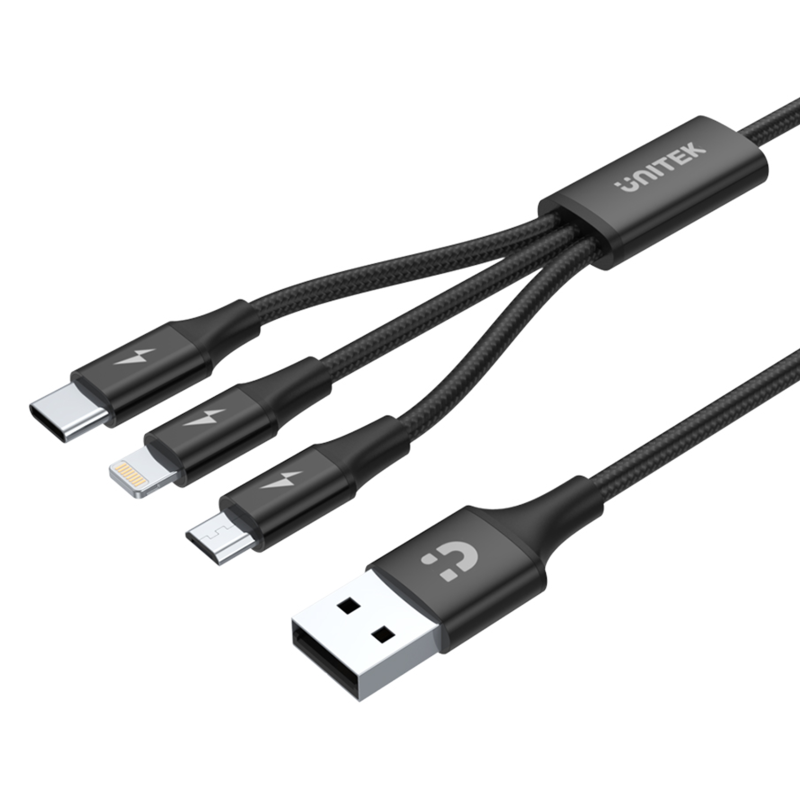 Unitek czarny kabel, przewód ładujący USB 3 w 1 12W, USBC, micro, Lightning