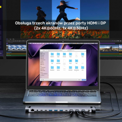 Unitek Stacja dokująca KVM z funkcją podstawki, potrójne wyjście 4K, USB-C, MST, HDMI 2.0