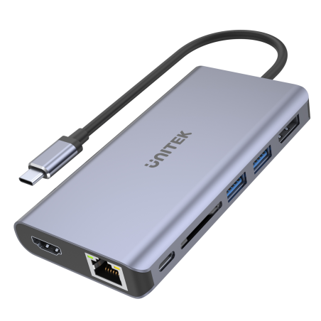 Unitek Hub USB-C na 2x USB 3.1, HDMI 4K, DP 100W, RJ45 Ethernet, czytnik SD