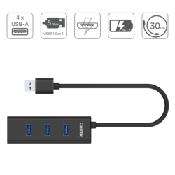 Unitek Y-3089 czarny hub z USB na 4x USB 3.0 do 5Gbps, 30cm, mały