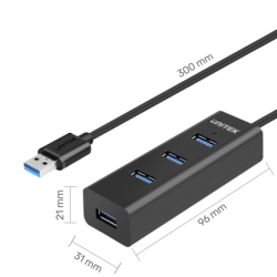 Unitek Y-3089 czarny hub z USB na 4x USB 3.0 do 5Gbps, 30cm, mały