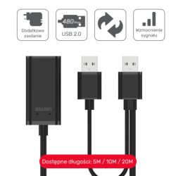 Unitek Y-279 czarny przedłużacz, wzmacniacz sygnału USB 2.0 kabel 20m