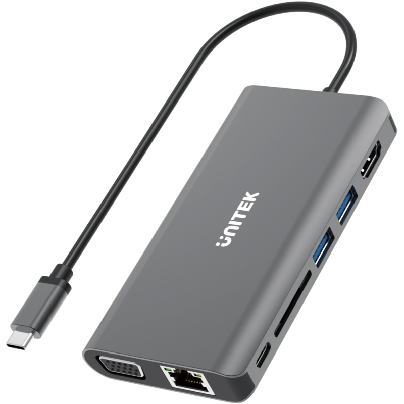 Unitek HUB 8w1 USB3.1 Typ-C z PD 100W, HDMI 1.4 4K, LAN, VGA, SD, mini jack