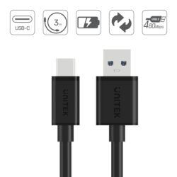 Unitek czarny kabel, przewód USB-A 2.0 do USB-C 3m C14069BK