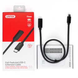 Unitek czarny kabel, Przedłużacz USB-C 10Gbps 4K 60Hz, PD 100W 1,5 m