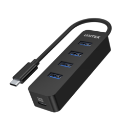 Unitek czarny Hub USB-C na 4 porty USB 3.1, aktywny, 10W, 15cm kabel