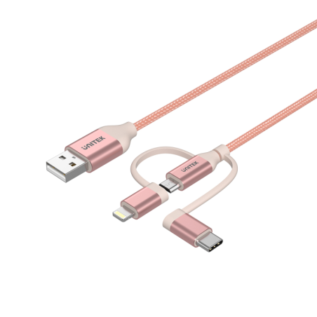 Unitek kabel / przewód 3w1, MFi, 1m, różowy, oplot, micro, USB-C, Lightning