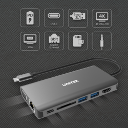 Unitek Hub USB-C 3.1 do 8w1 z PD 100W HDMI 4K, VGA, RJ45, czytnik SD, audio