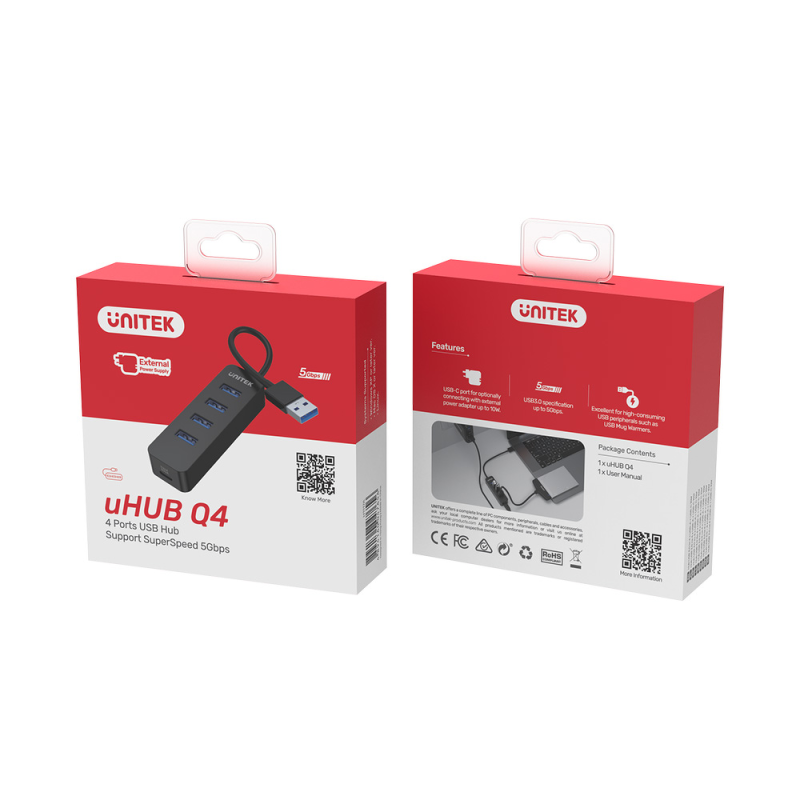 Unitek czarny Hub USB-A na 4 porty USB 3.1, aktywny, 10W, 15 cm kabel