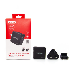Unitek Ładowarka GaN, PD 65W 2x USB-C, 1x USB-A + przejściówki US, EU, UK