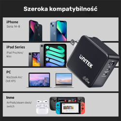 Unitek Ładowarka GaN, PD 65W 2x USB-C, 1x USB-A + przejściówki US, EU, UK