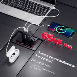 Unitek Ładowarka GaN, PD 65W 2x USB-C, 1x USB-A + przejściówki US, EU, UK