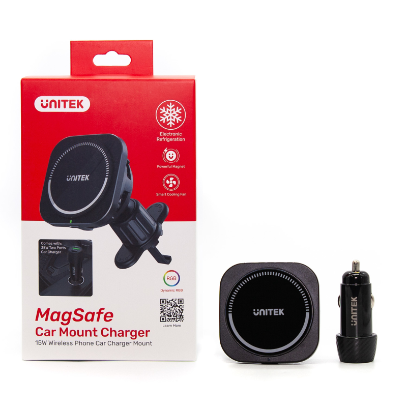 Unitek czarna ładowarka samochodowa indukcja 38 W, uchwyt MagSafe