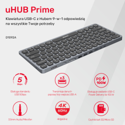 Unitek Klawiatura 9w1, hub USB x3, HDMI 4K 60Hz, PD 100W, SD, minijack