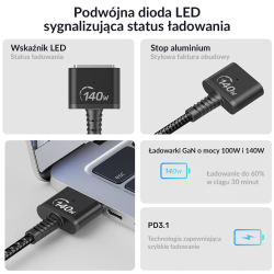 Unitek czarny kabel przewód zasilający USB-C - MagSafe 3 140W 1 m