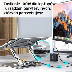 Unitek Podstawka srebrna pod laptopa USB-C HDMI 4K PD LAN, 100W max. 6 KG