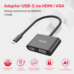 Unitek Adapter USB-C na HDMI 4K 30Hz i VGA FullHD 1080p 60Hz 2 moni na raz