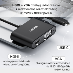 Unitek Adapter USB-C na HDMI 4K 30Hz i VGA FullHD 1080p 60Hz 2 moni na raz