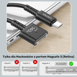Unitek czarny kabel przewód zasilający USB-C - MagSafe 3 140W 2 m