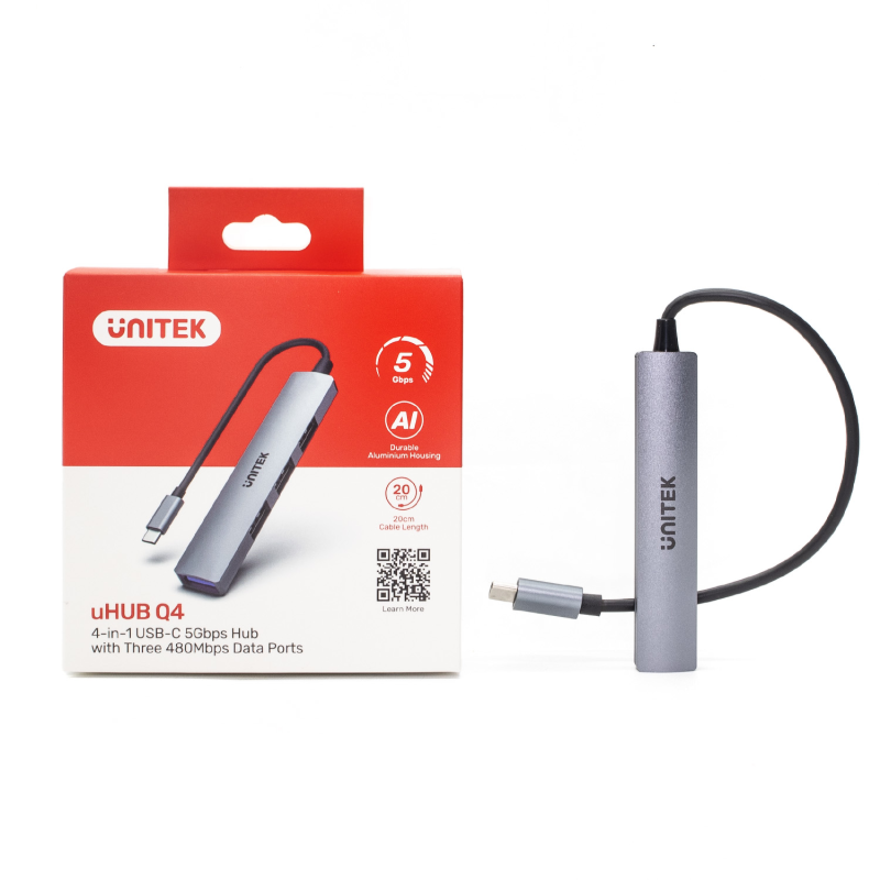 Unitek Hub USB-C do 1x USB-A 5 Gbps, 3x USB-A 2.0, aluminium