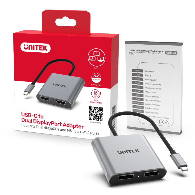 Unitek Adapter USB-C na 2x DisplayPort 1.4 8K 60Hz, 4K 120Hz, 2 obrazy